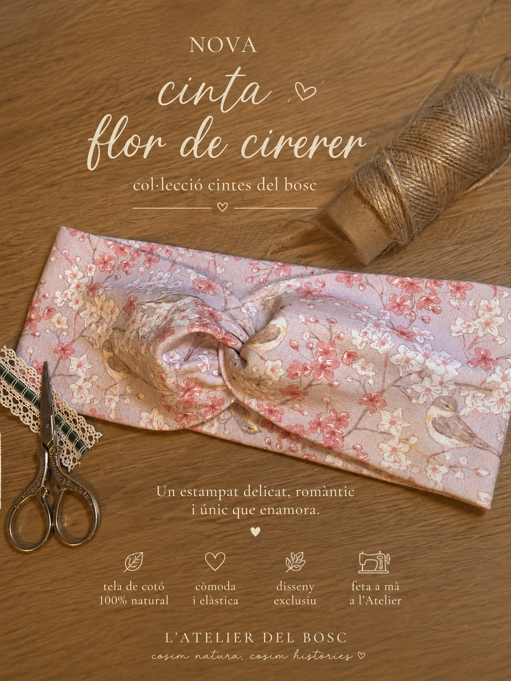 Cinta para el pelo Flor de cerezo en tejido elástico GOTS | Cruzada o clásica