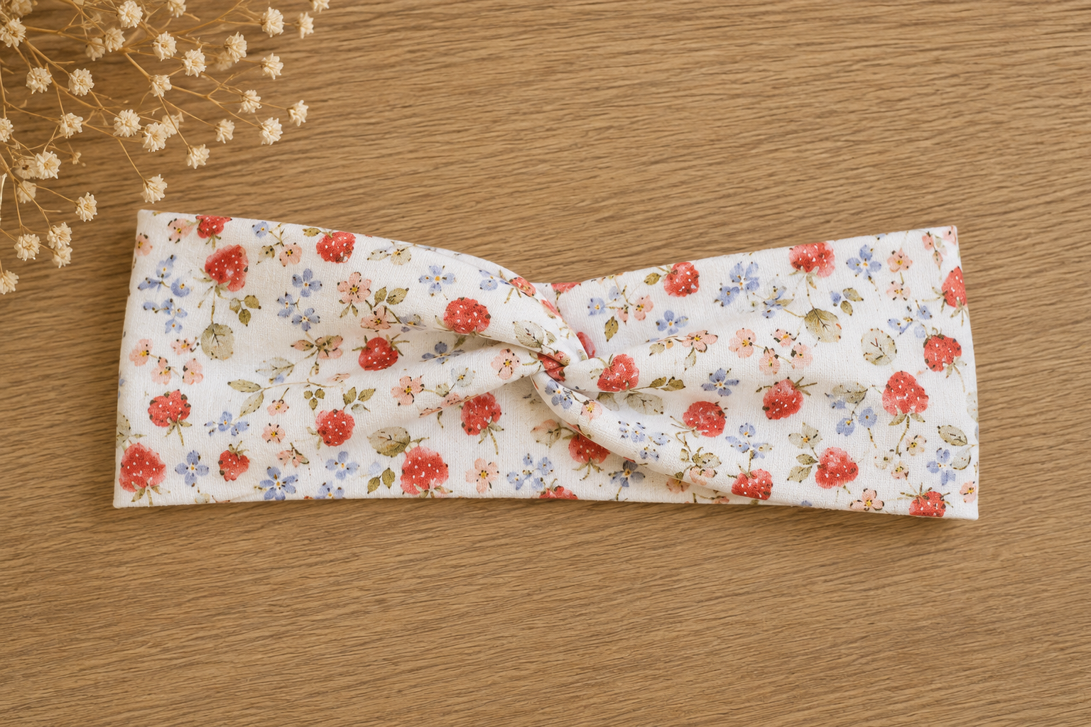 Cinta para el pelo Fresas silvestres en tejido elástico GOTS | Cruzada o clásica